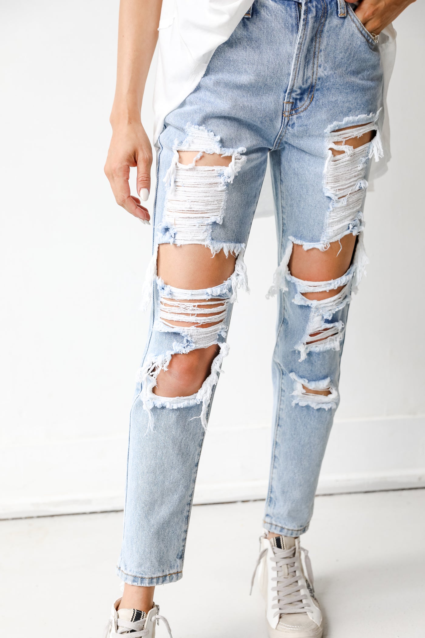 Distressed Mom Jeans on dress up model