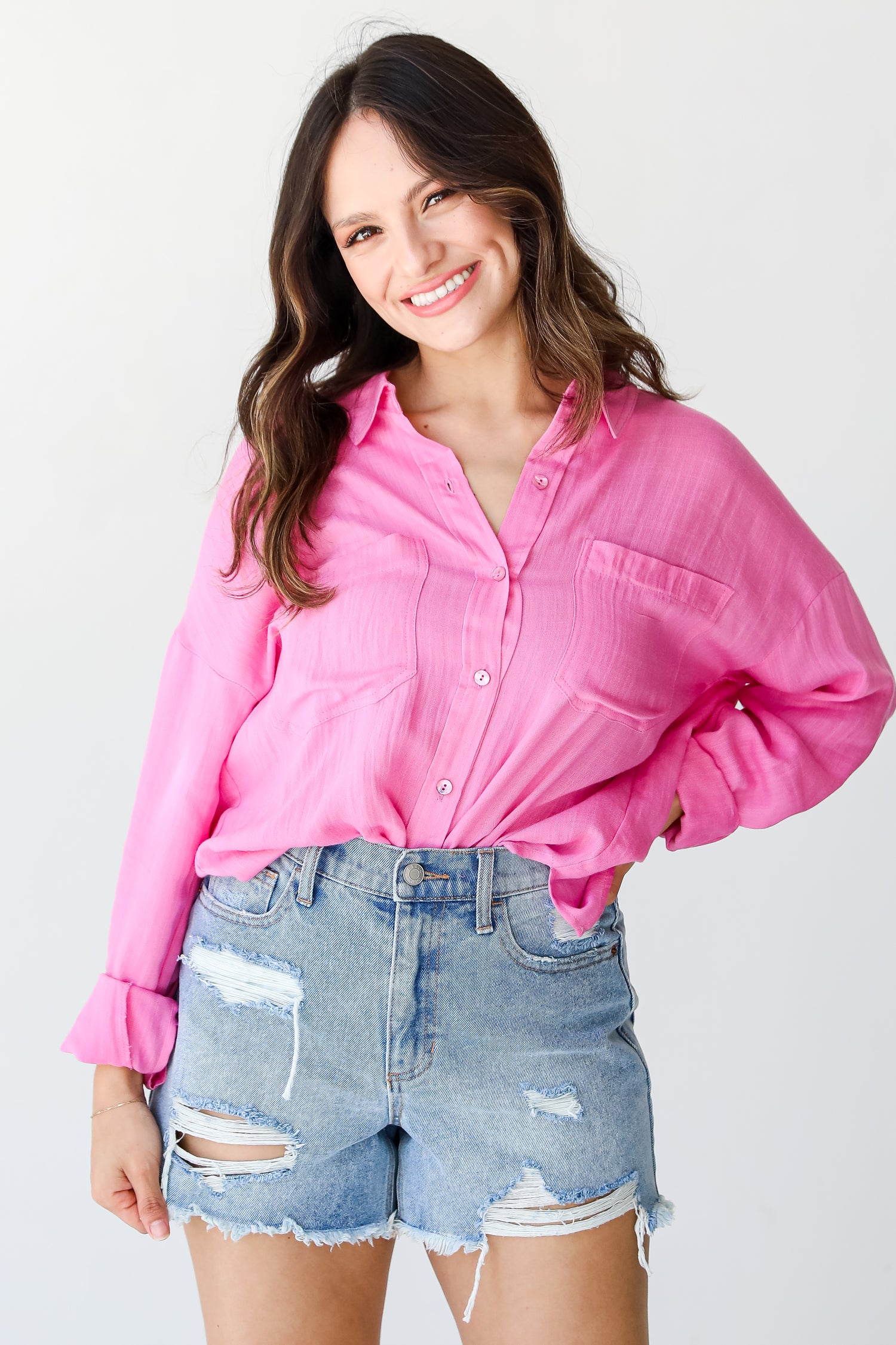 Distressed Denim Shorts on model