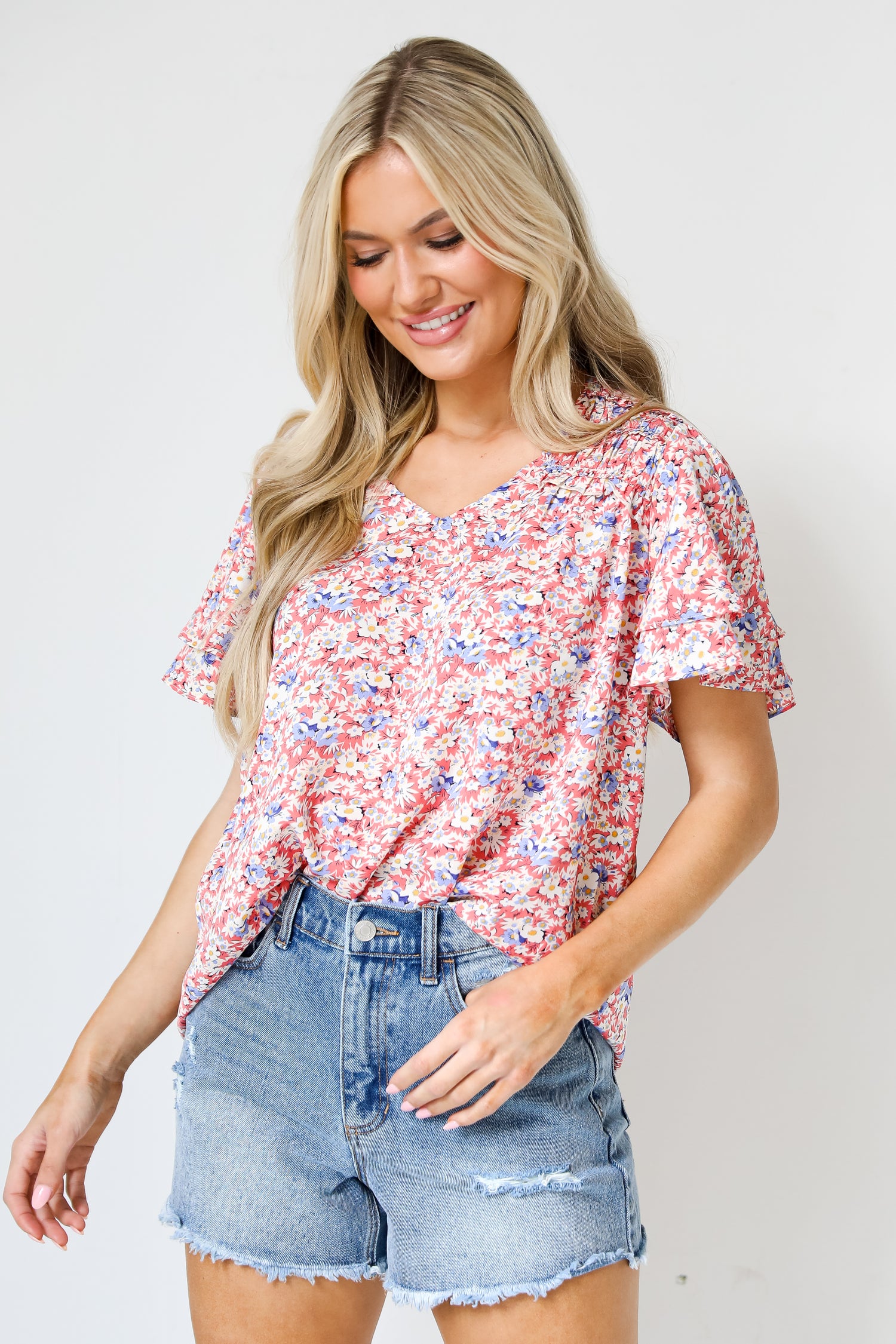 Distressed Denim Shorts on model