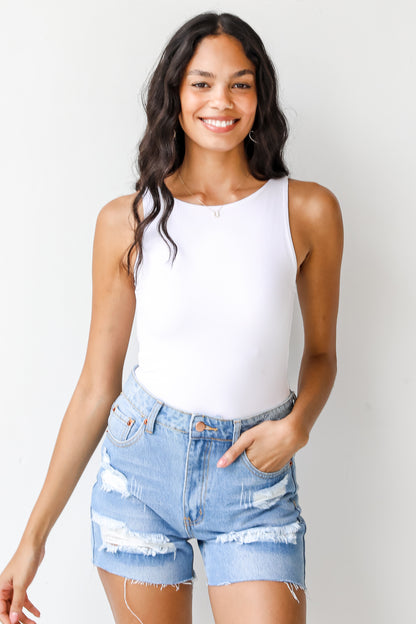 Distressed Denim Shorts on model