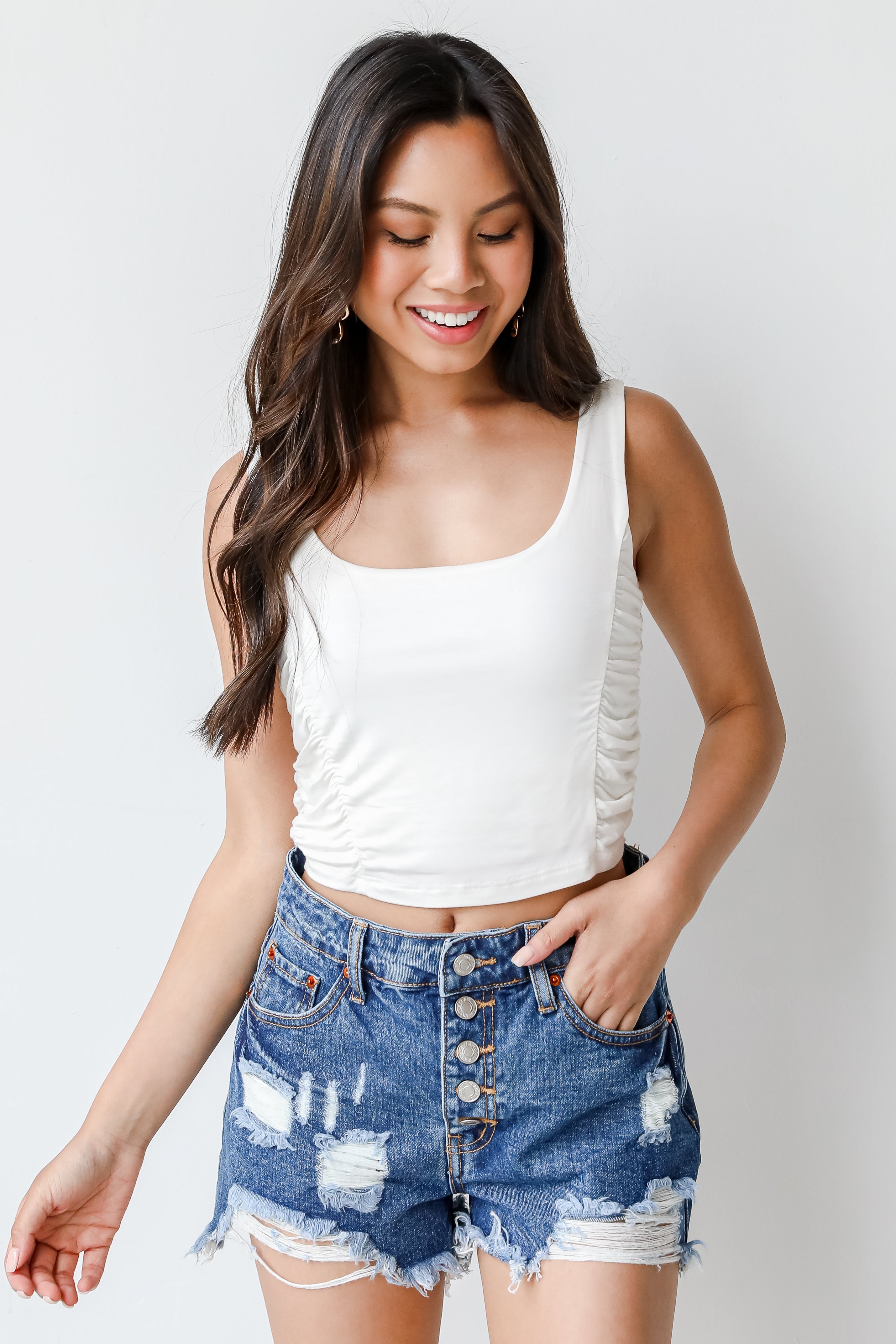 Distressed Denim Shorts on model