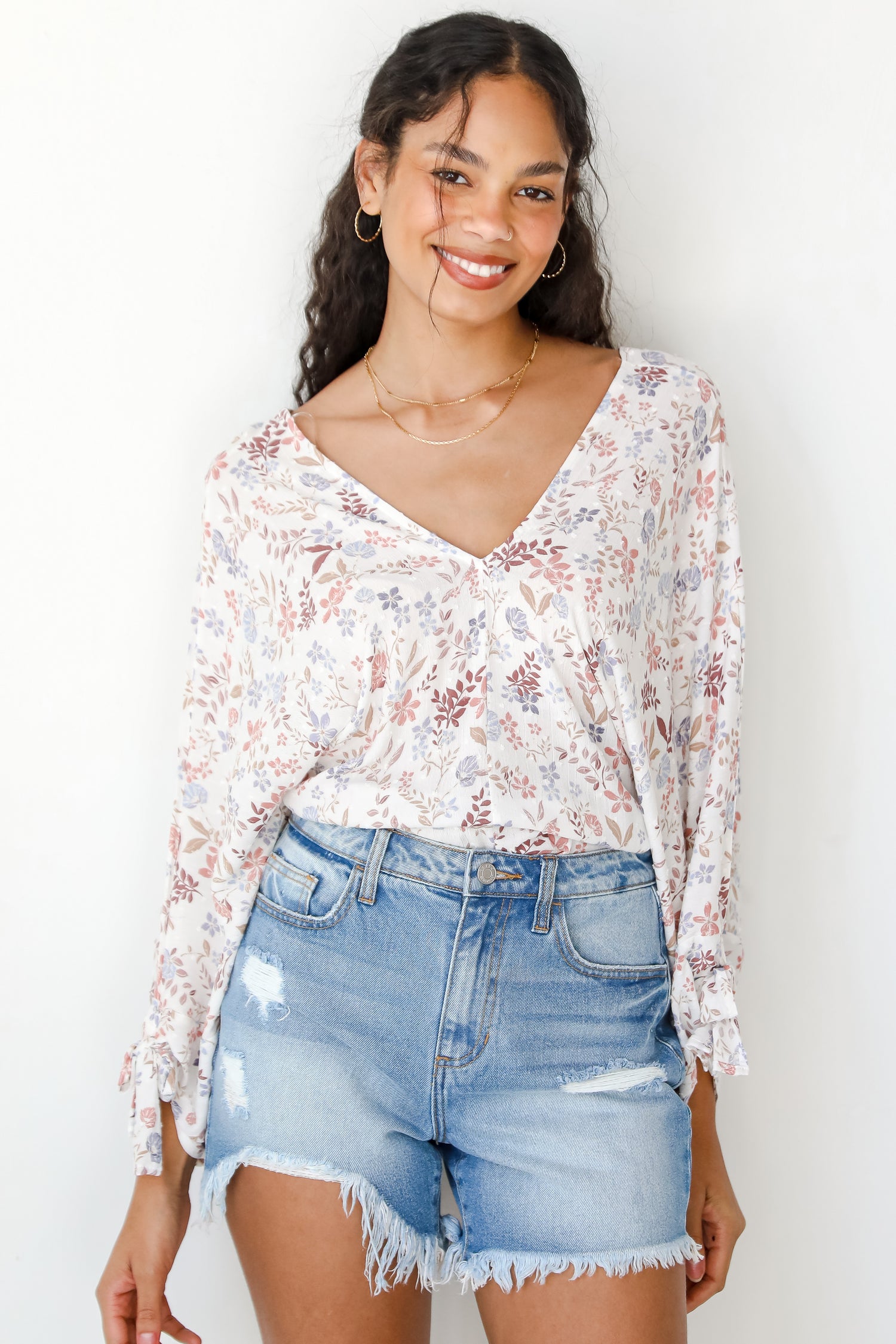 Distressed Denim Shorts on model