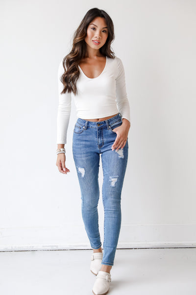 medium wash skinny jeans front view
