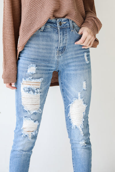 Distressed High-Rise Skinny Jeans close up