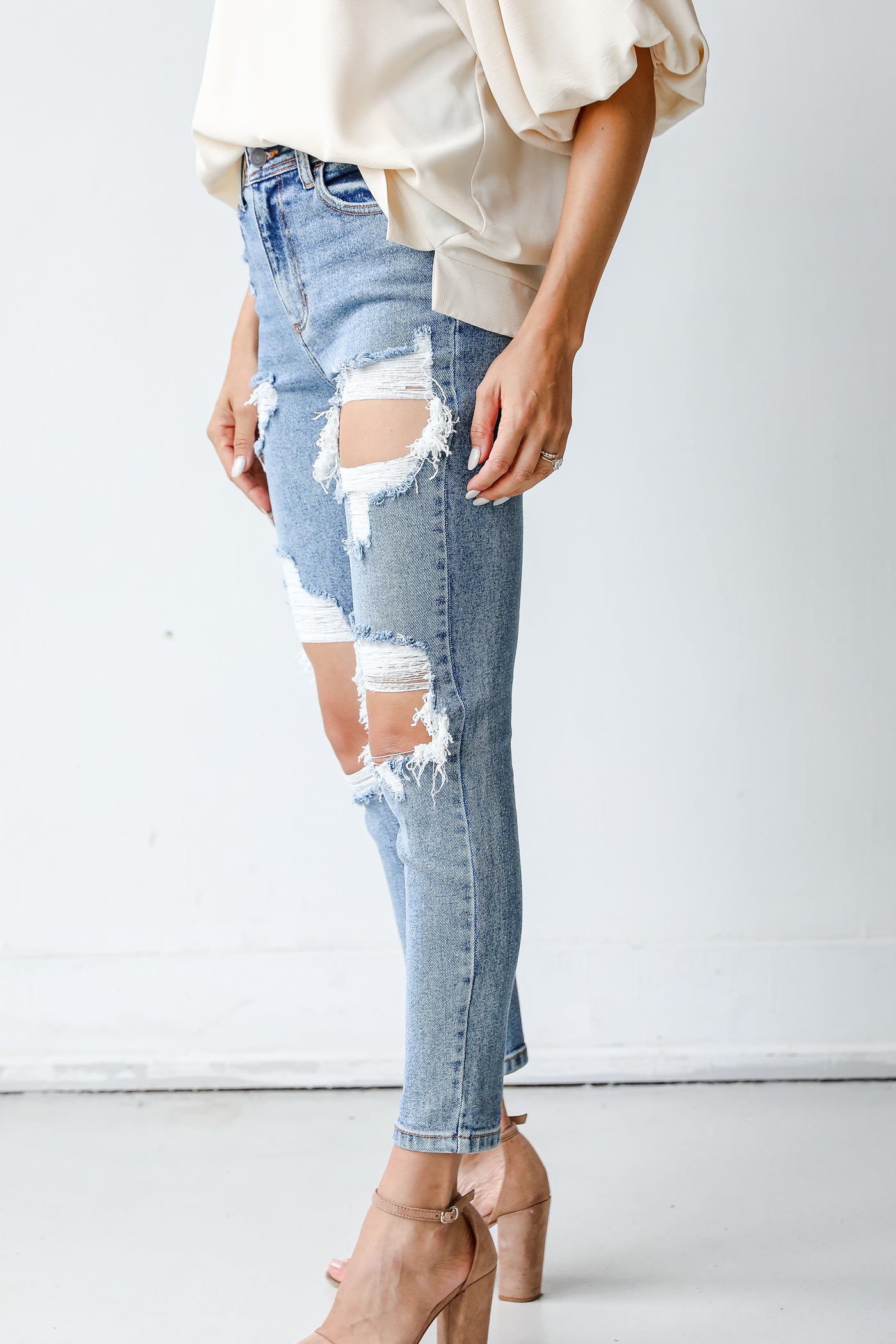 side view Distressed Mom Jeans