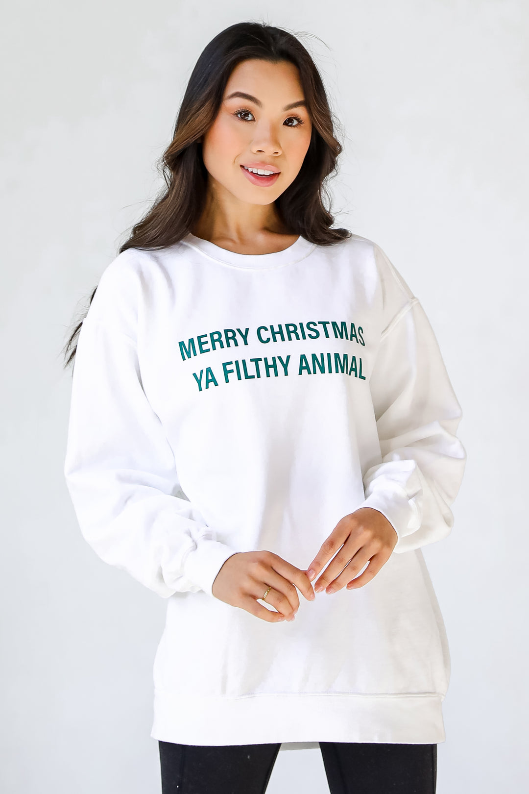 White Merry Christmas Ya Filthy Animal Pullover on model
