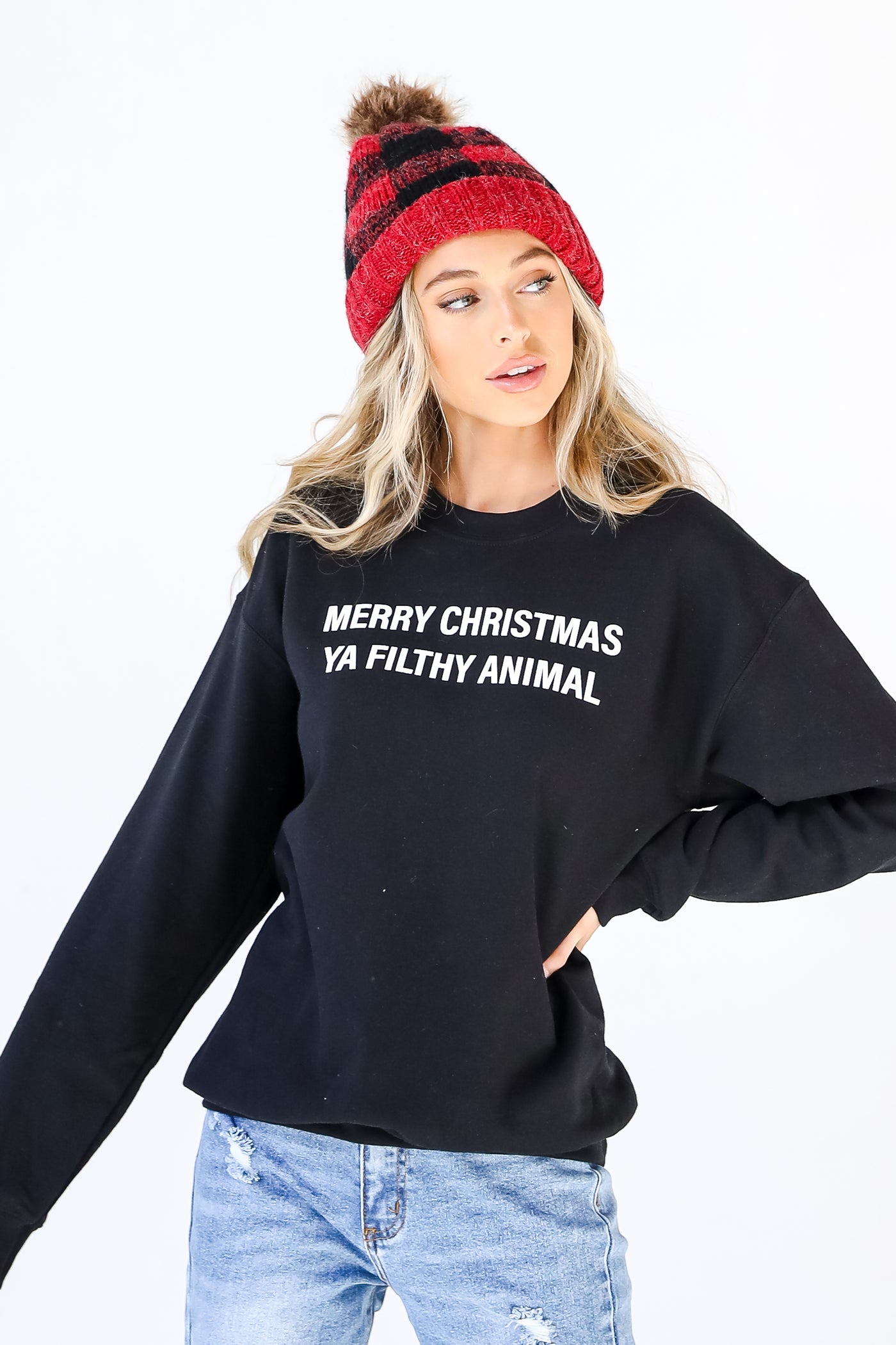 Black Merry Christmas Ya Filthy Animal Pullover on model