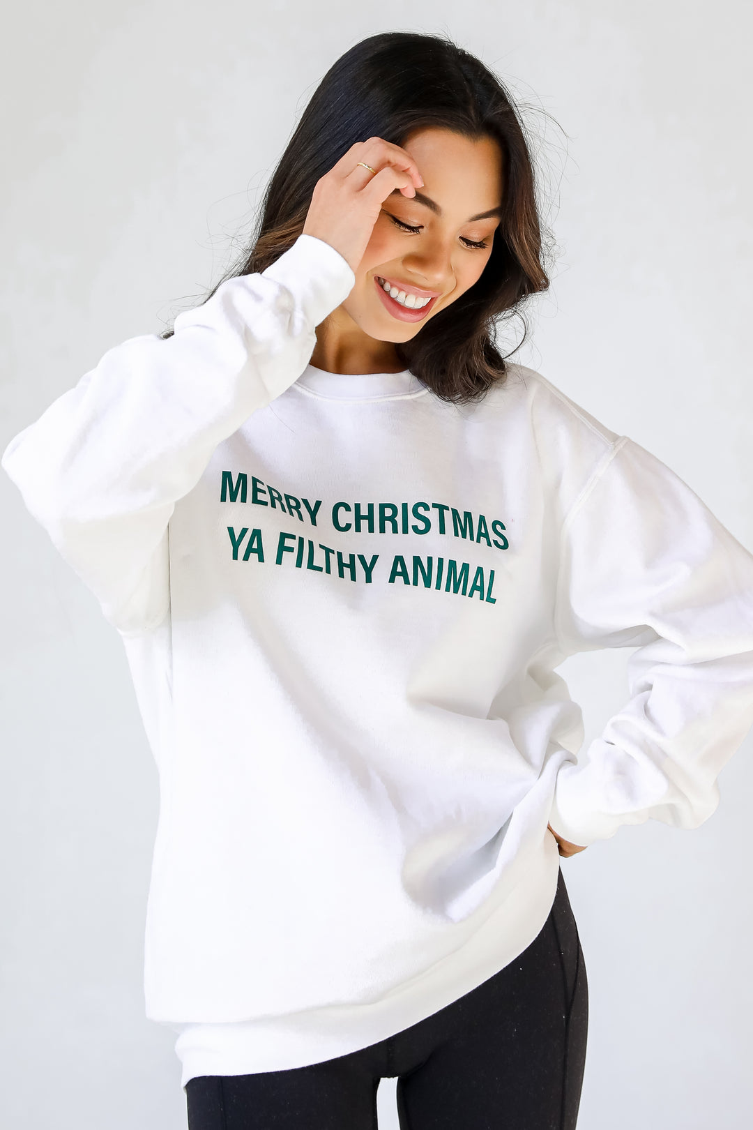 White Merry Christmas Ya Filthy Animal Pullover front view