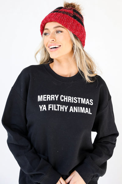 Black Merry Christmas Ya Filthy Animal Pullover. Christmas Graphic Sweatshirt