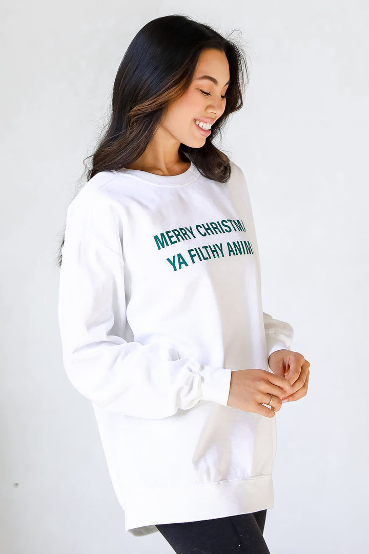 White Merry Christmas Ya Filthy Animal Pullover side view