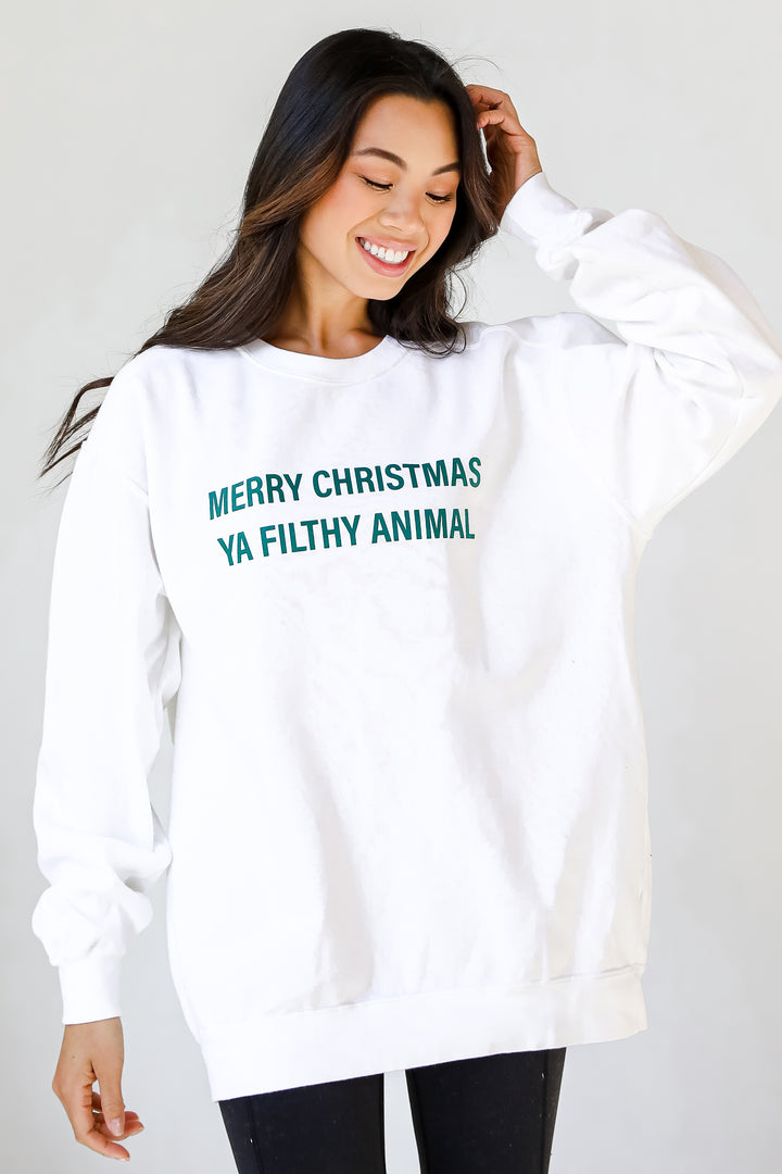 White Merry Christmas Ya Filthy Animal Pullover. Graphic Christmas Sweatshirt. Oversized Christmas Sweatshirt
