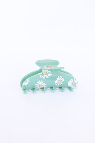 green Acrylic Flower Claw Hair Clip flat lay