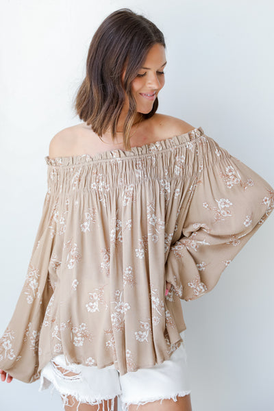 Floral Blouse in taupe on model