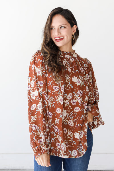 brown Floral Blouse on model