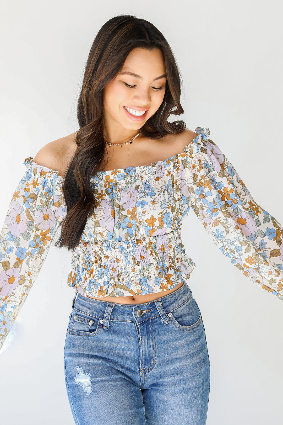 Floral Cropped Blouse in mint on model