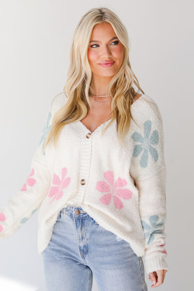 Flower Print Fuzzy Knit Sweater Cardigan front view