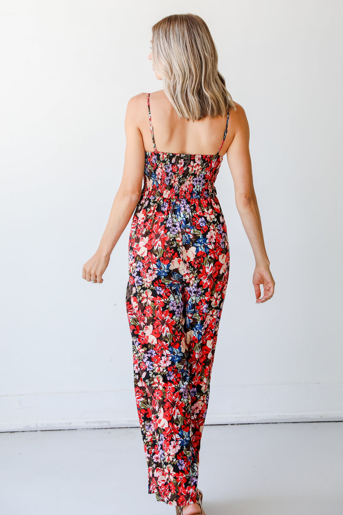 red floral jumpsuit back view