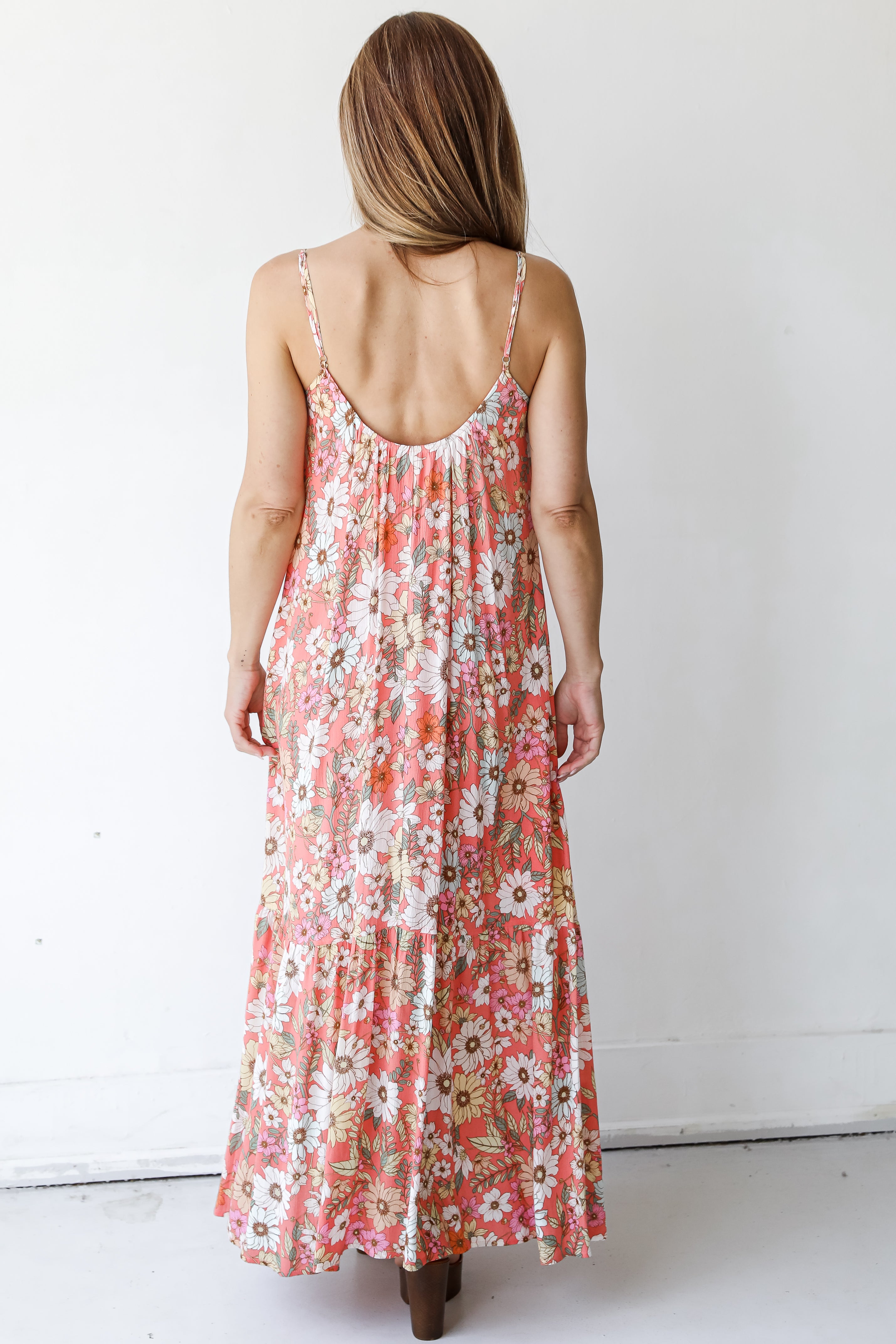 back view of a coral Floral Maxi Dress