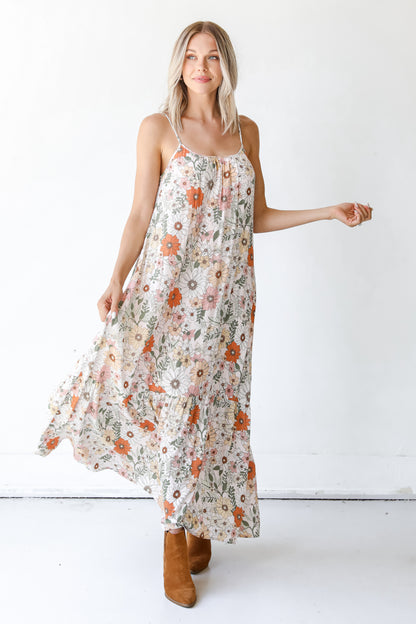 dress up model wearing an ivory Floral Maxi Dress