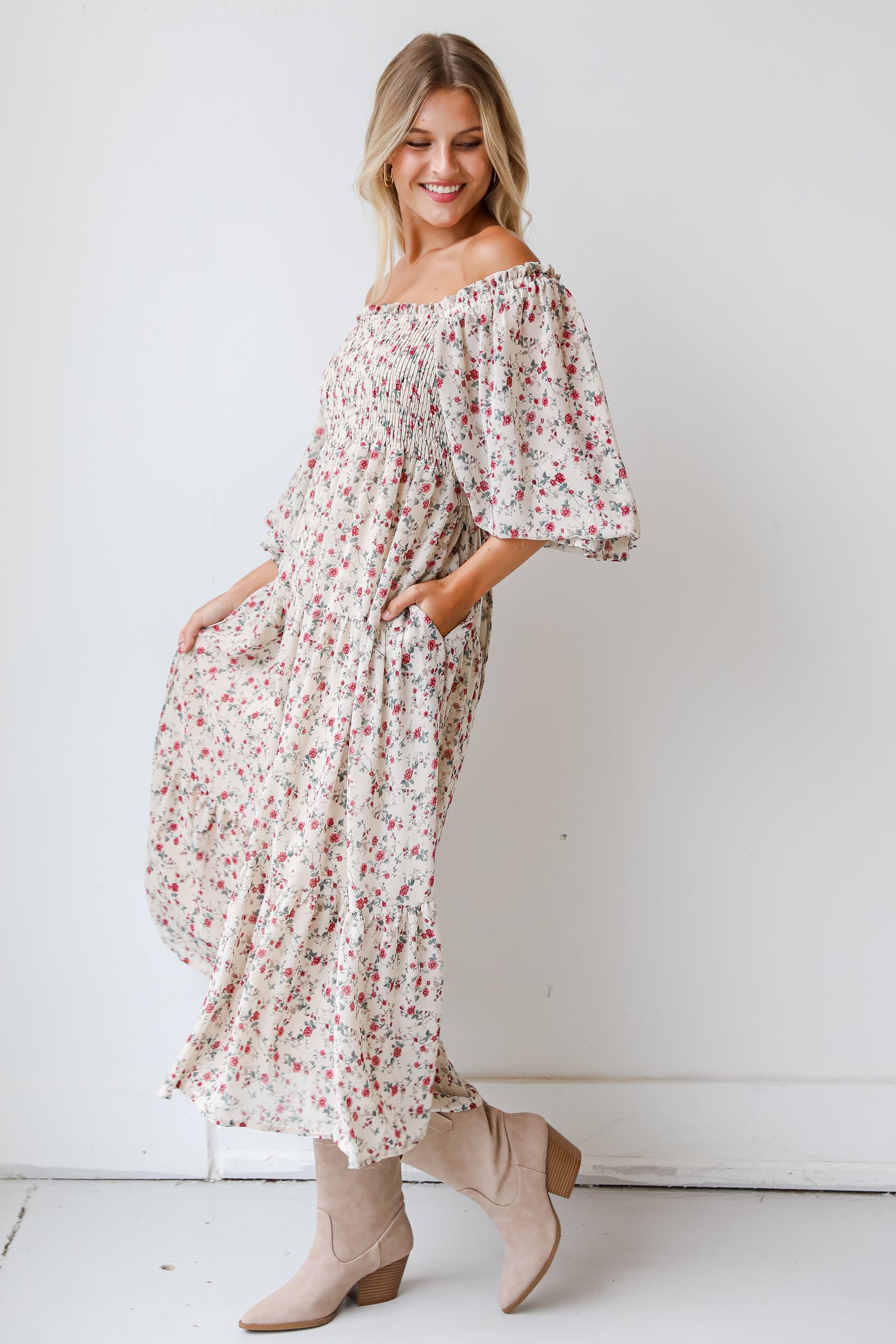 white floral maxi dress side view