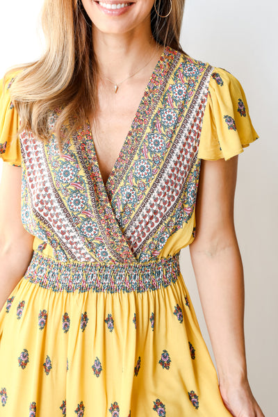 Tiered Floral Maxi Dress in yellow close up