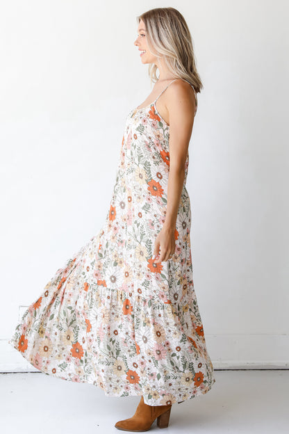 side view of an ivory Floral Maxi Dress