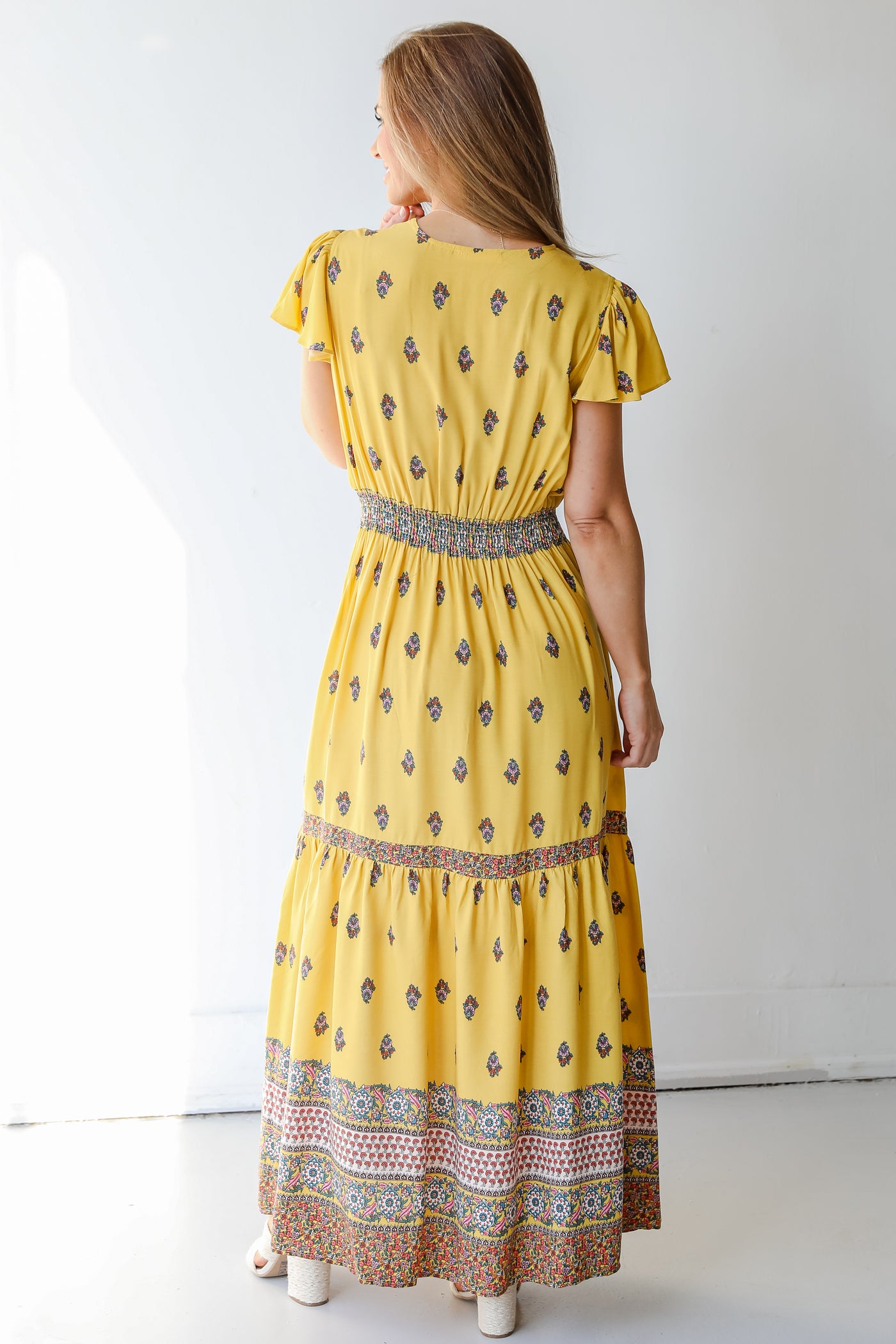 Tiered Floral Maxi Dress in yellow back view