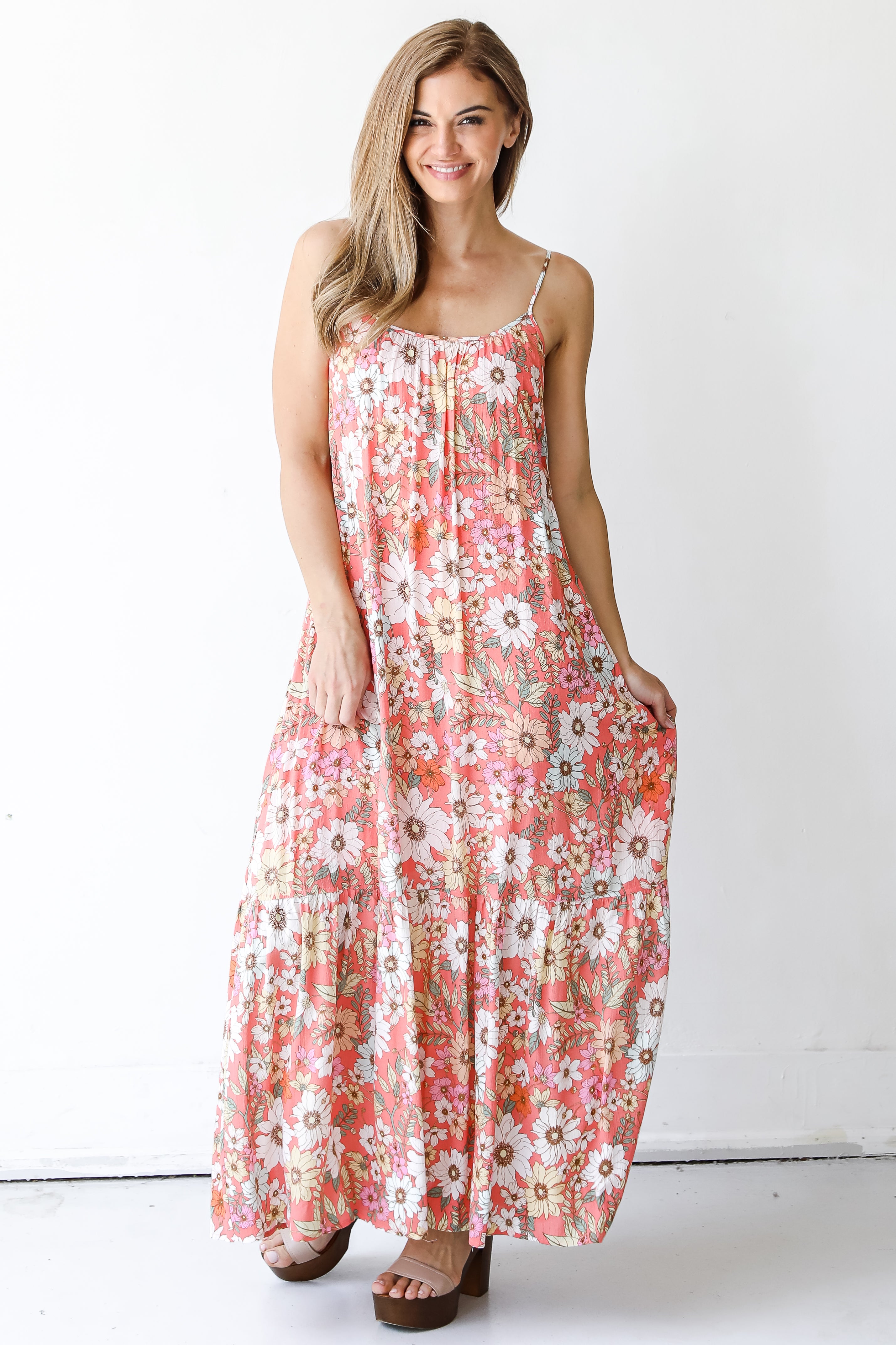 front view of a coral Floral Maxi Dress