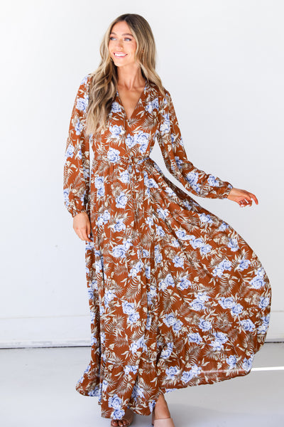 Floral Wrap Maxi Dress front view on model