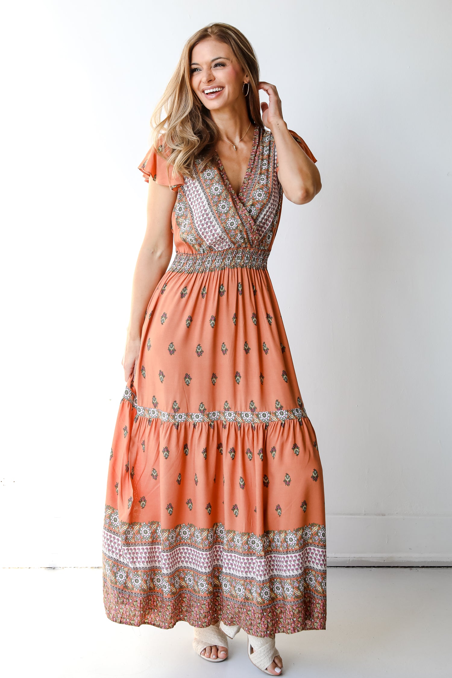 Tiered Floral Maxi Dress in rust