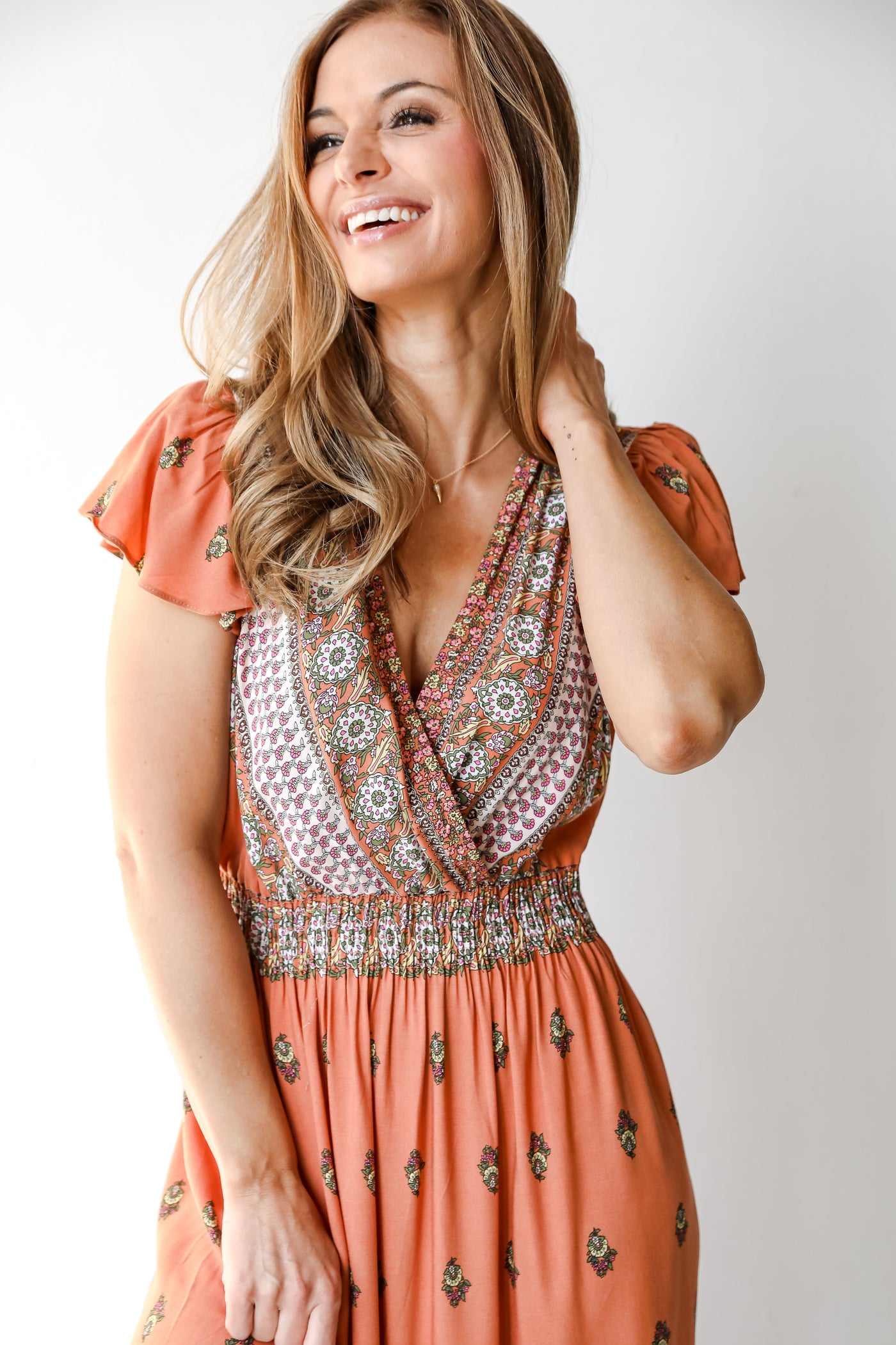 Tiered Floral Maxi Dress in rust close up