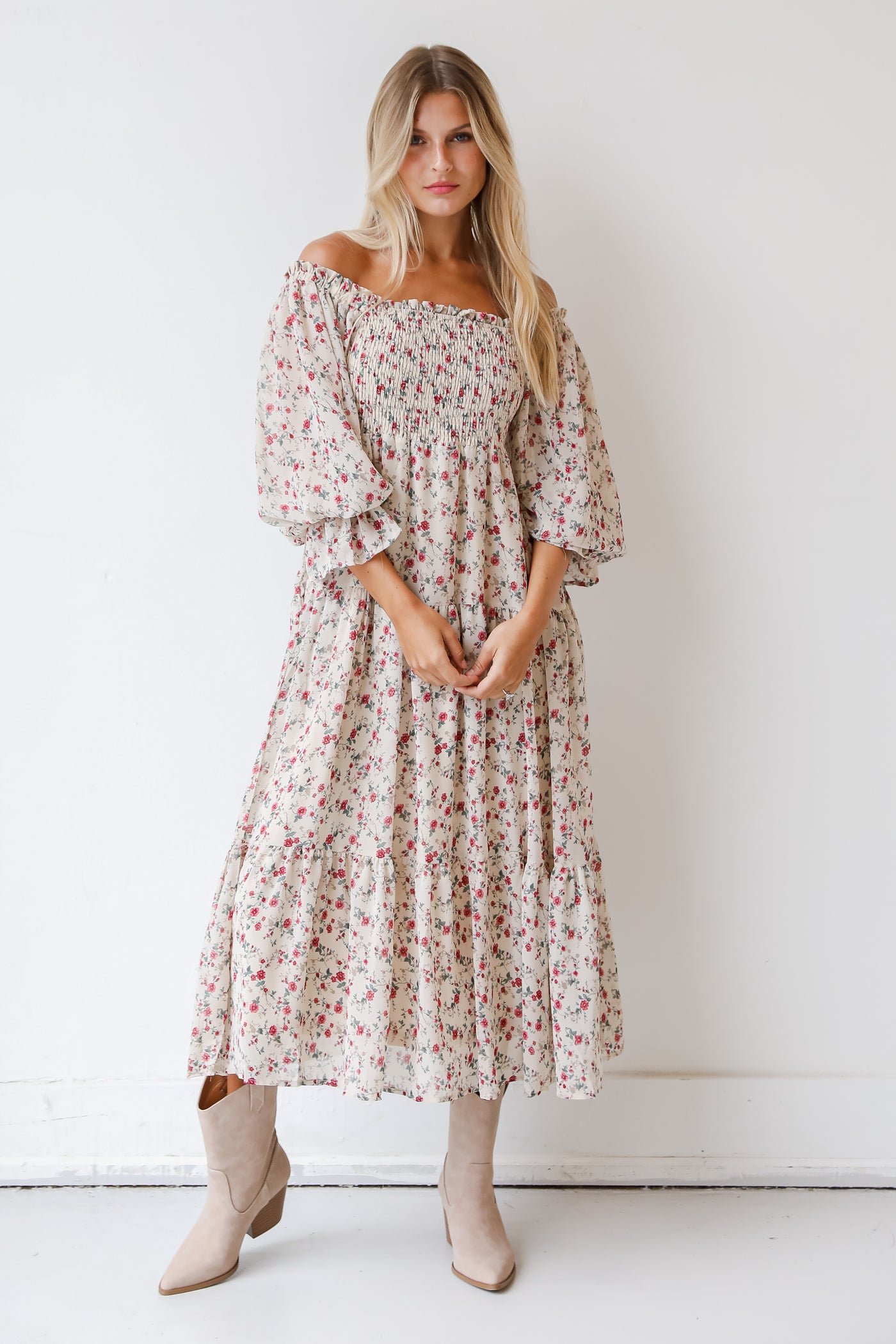 white floral maxi dress front view