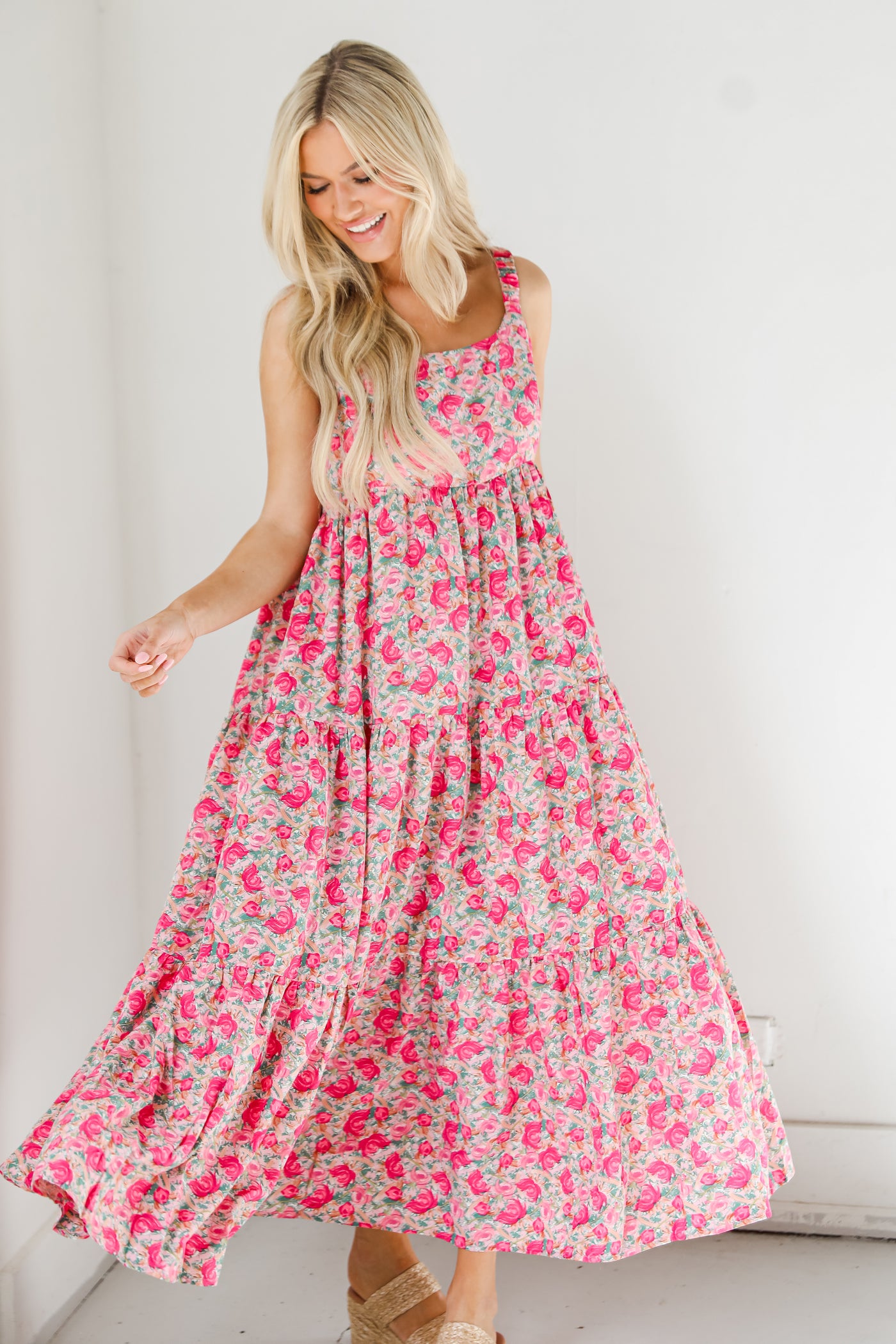 Dress pink floral tiered maxi DI5596FO - Forema Boutique