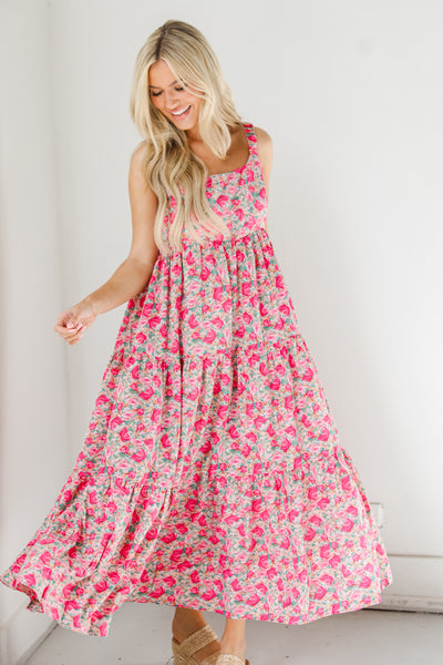 Tiered Floral Maxi Dress front view on model