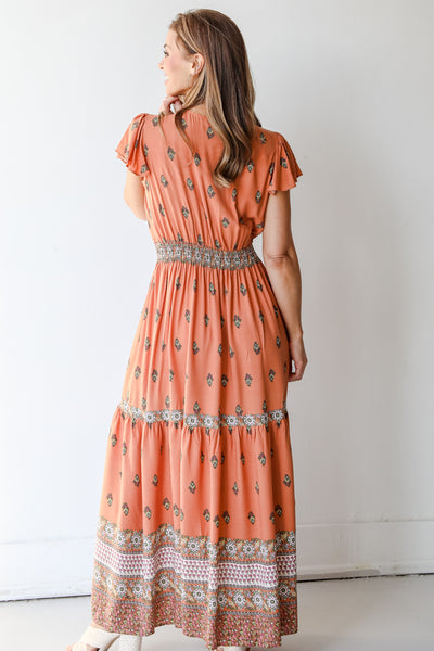 Tiered Floral Maxi Dress in rust back view