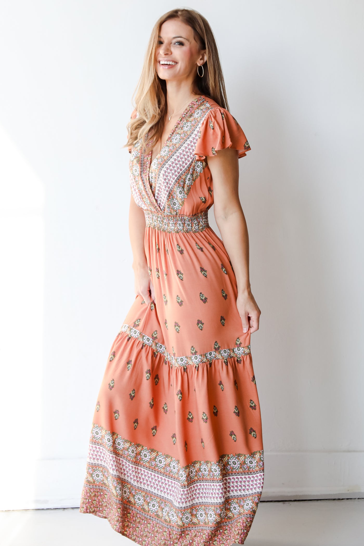 Tiered Floral Maxi Dress in rust side view