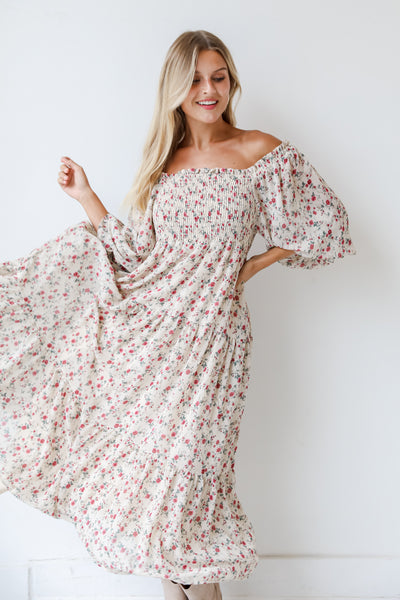 white floral maxi dress on model