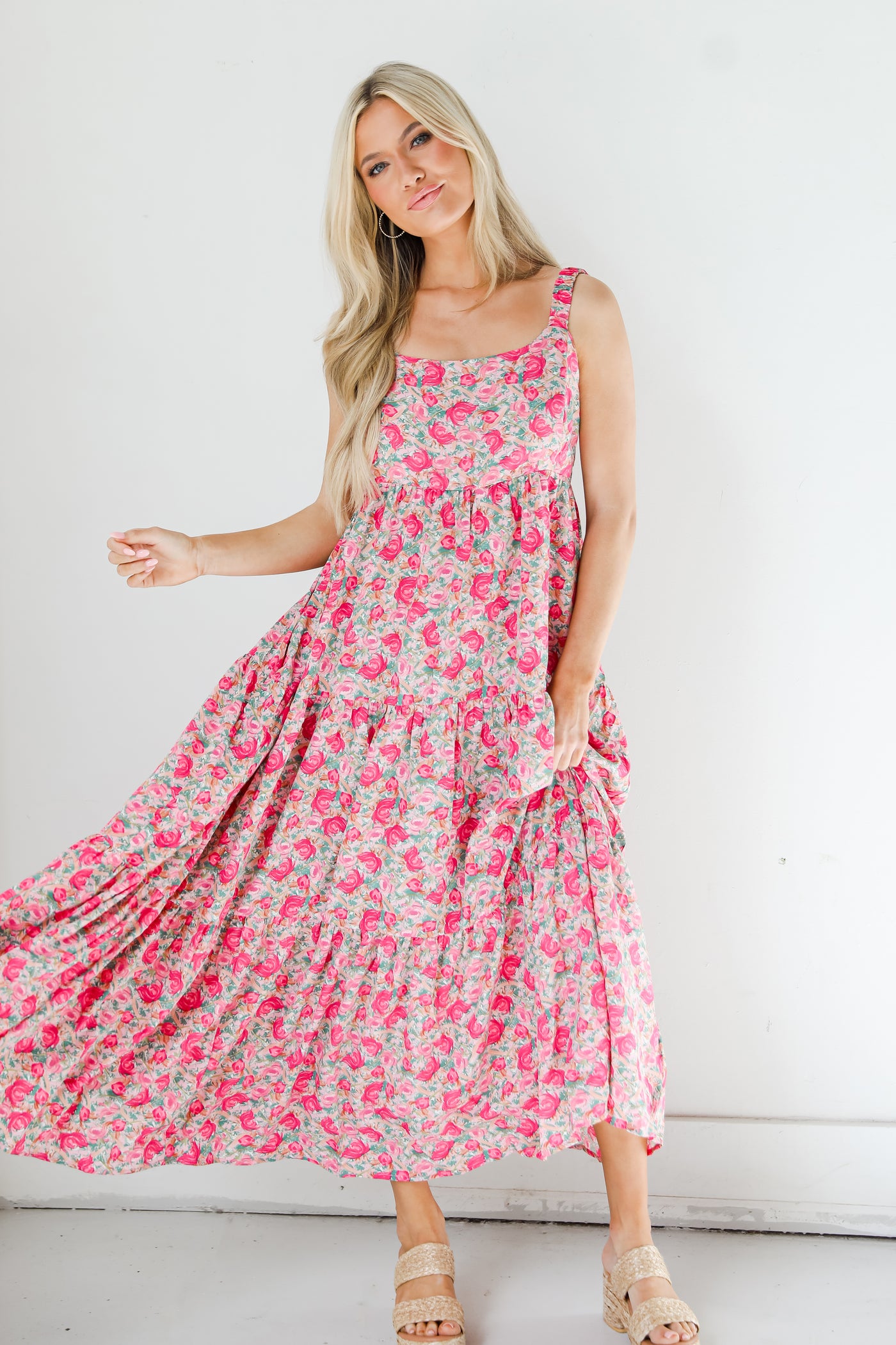 Tiered Floral Maxi Dress on dress up model
