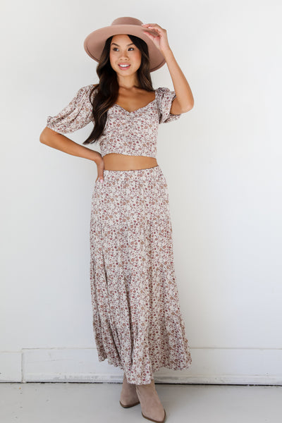 Floral Tiered Maxi Skirt on model
