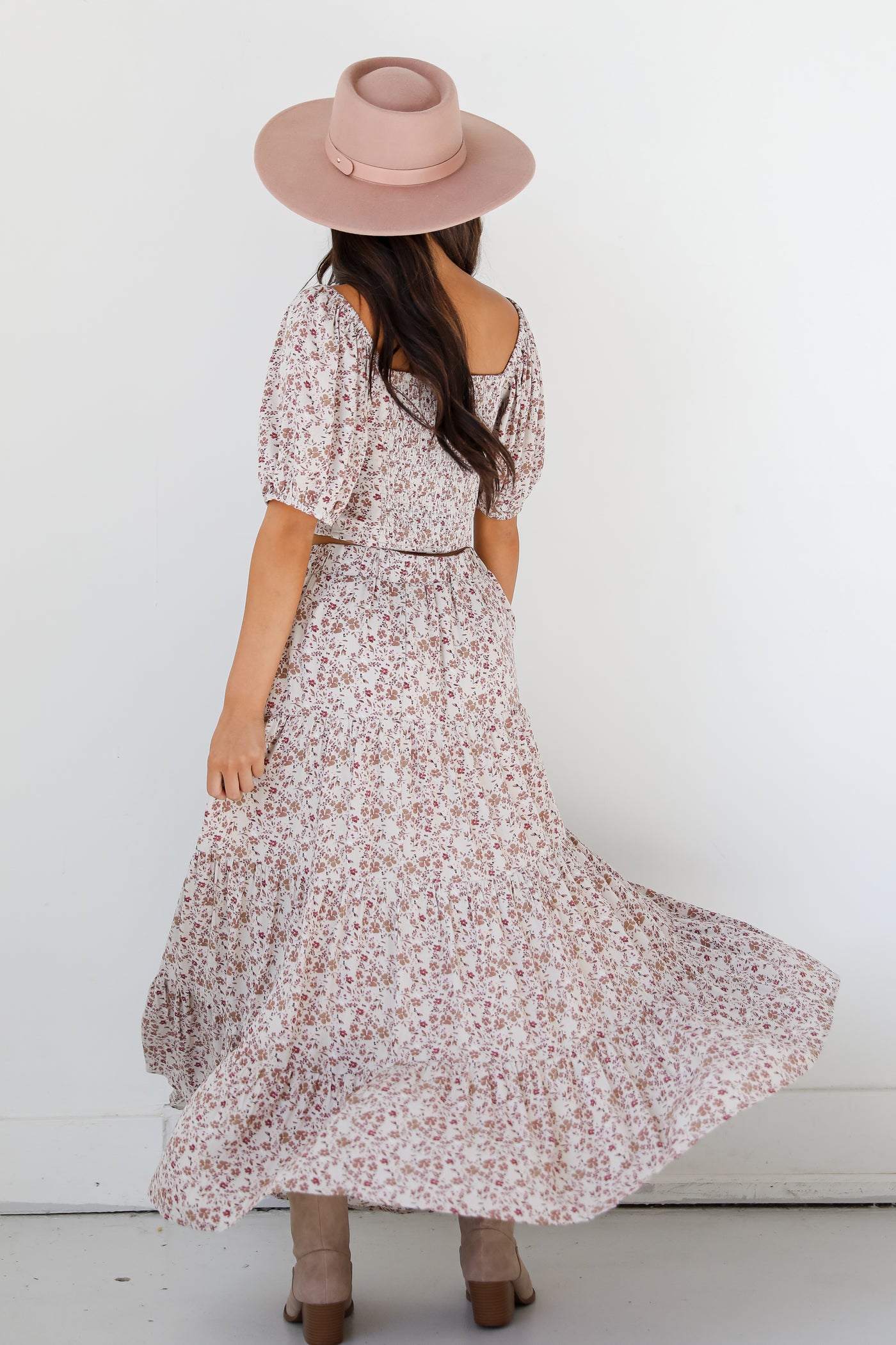 Floral Tiered Maxi Skirt on dress up model