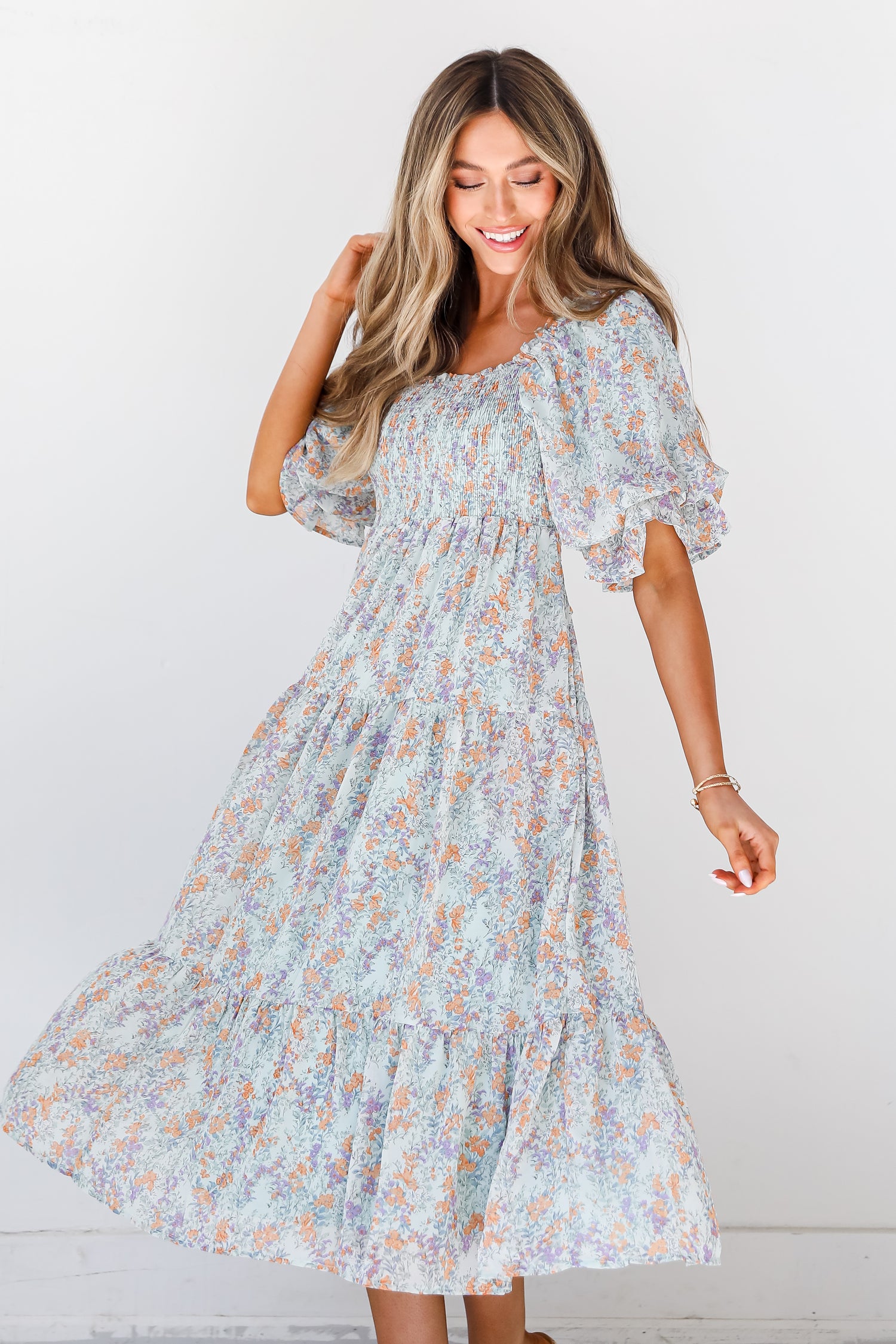 blue Floral Midi Dress on model