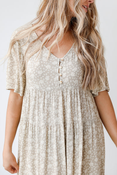 taupe floral midi dress close up