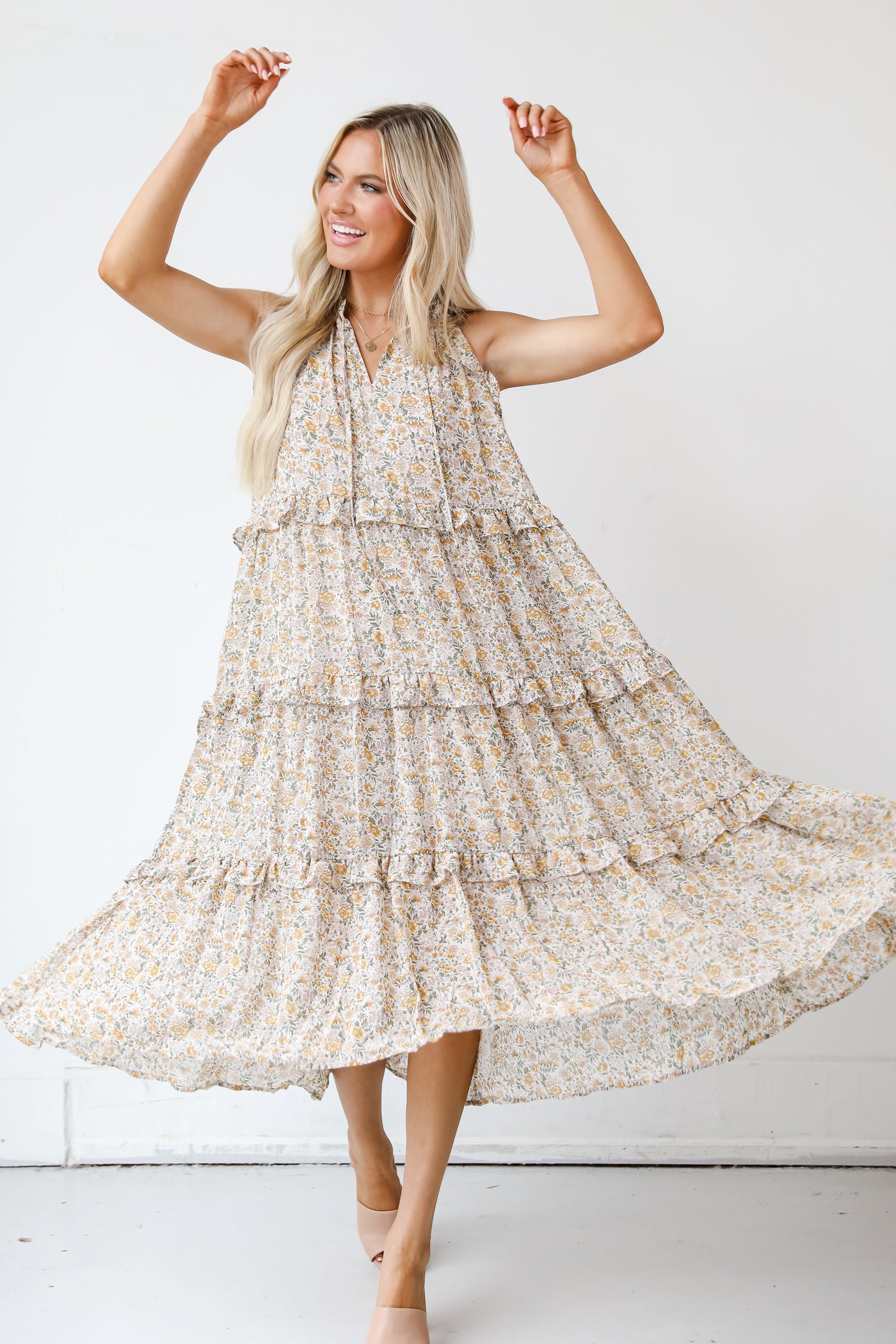 Ruffle Floral Midi Dress front view