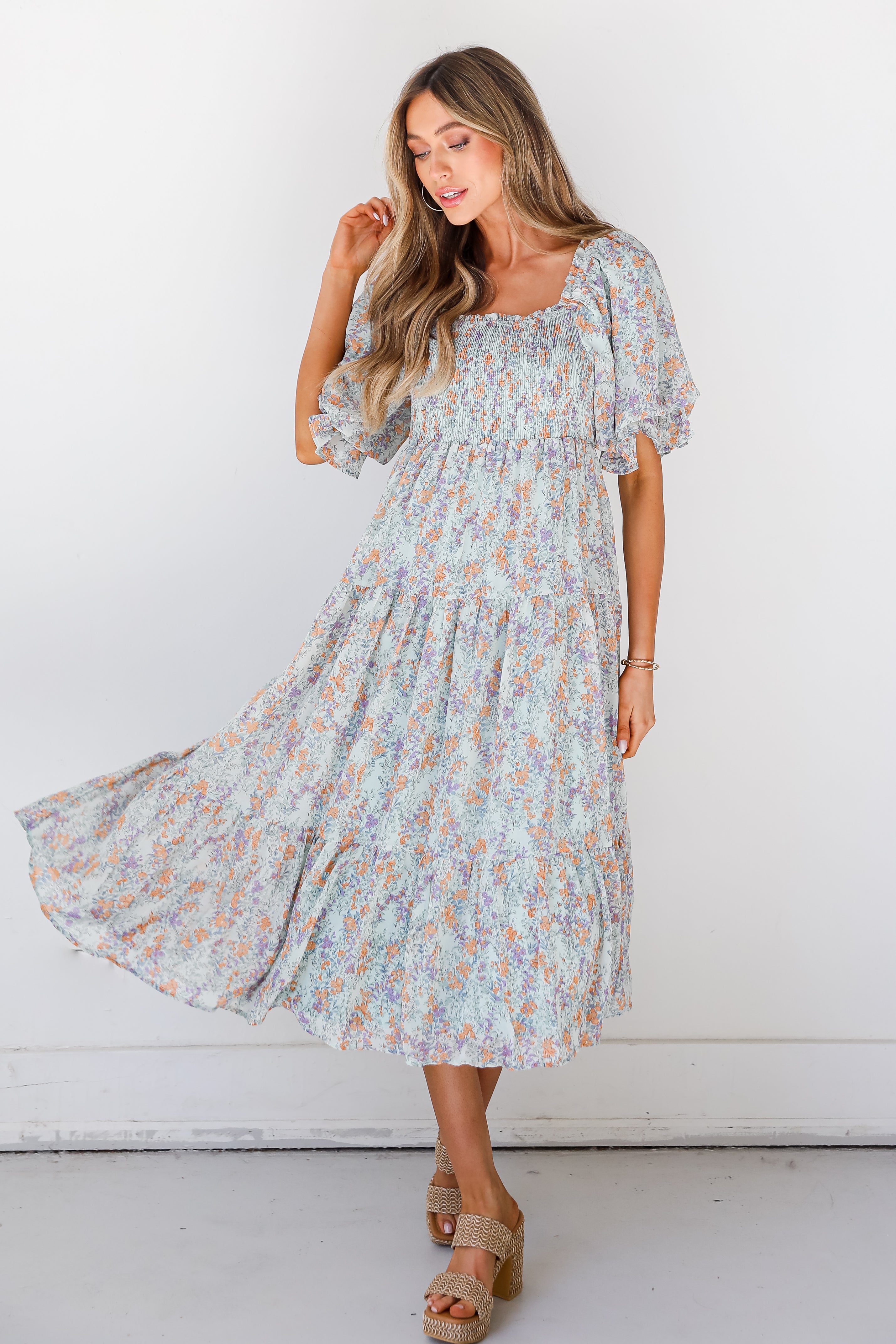 blue Floral Midi Dress