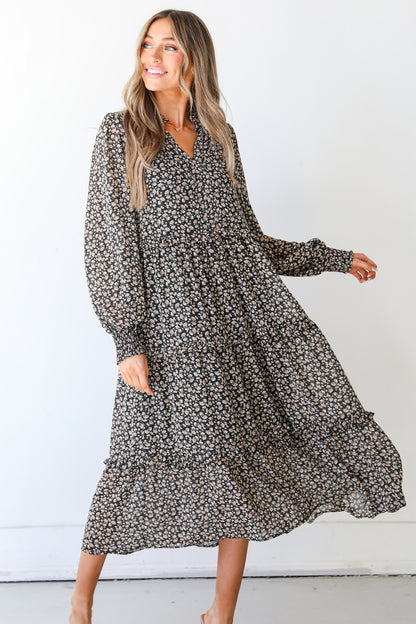 black Floral Midi Dress