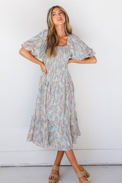 blue Floral Midi Dress on dress up model