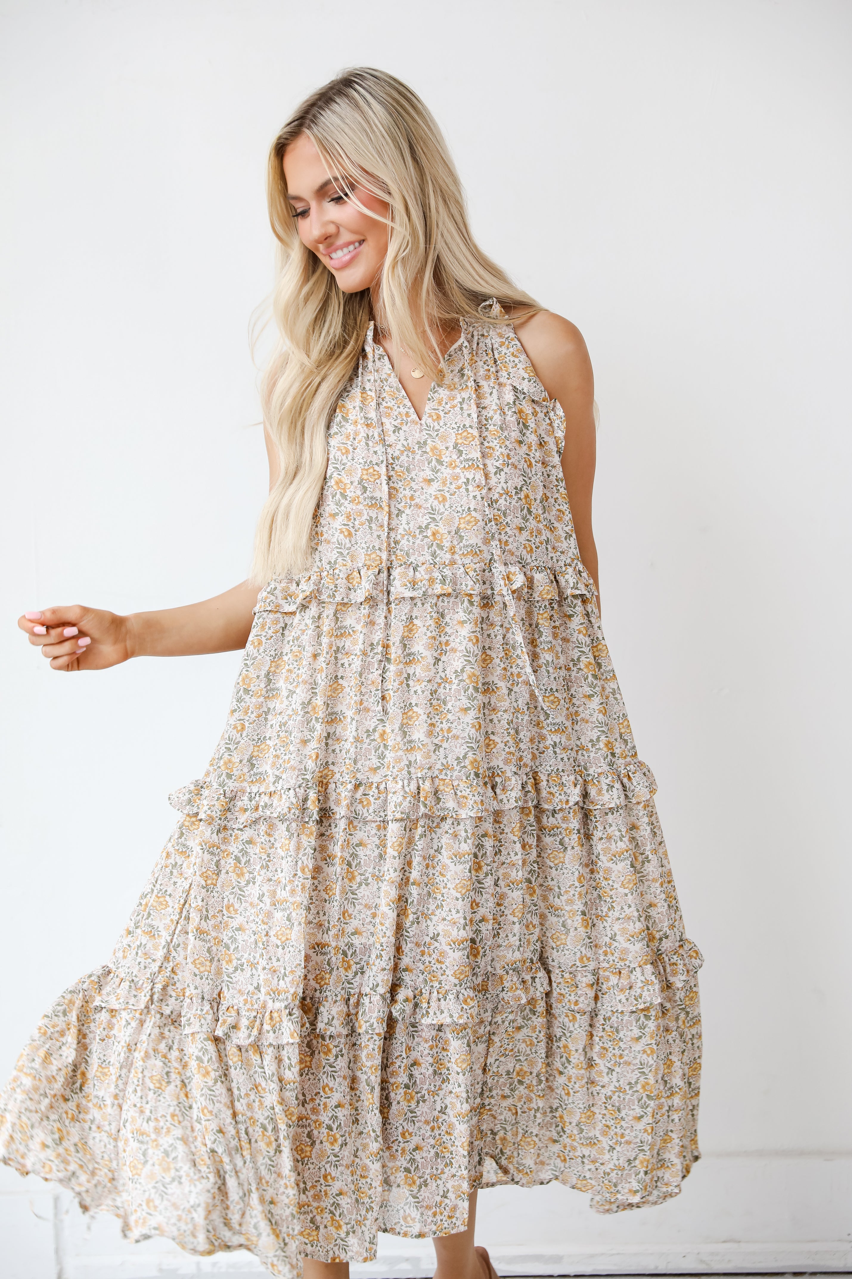 ivory Ruffle Floral Midi Dress