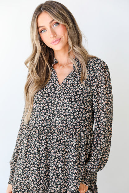 black Floral Midi Dress close up