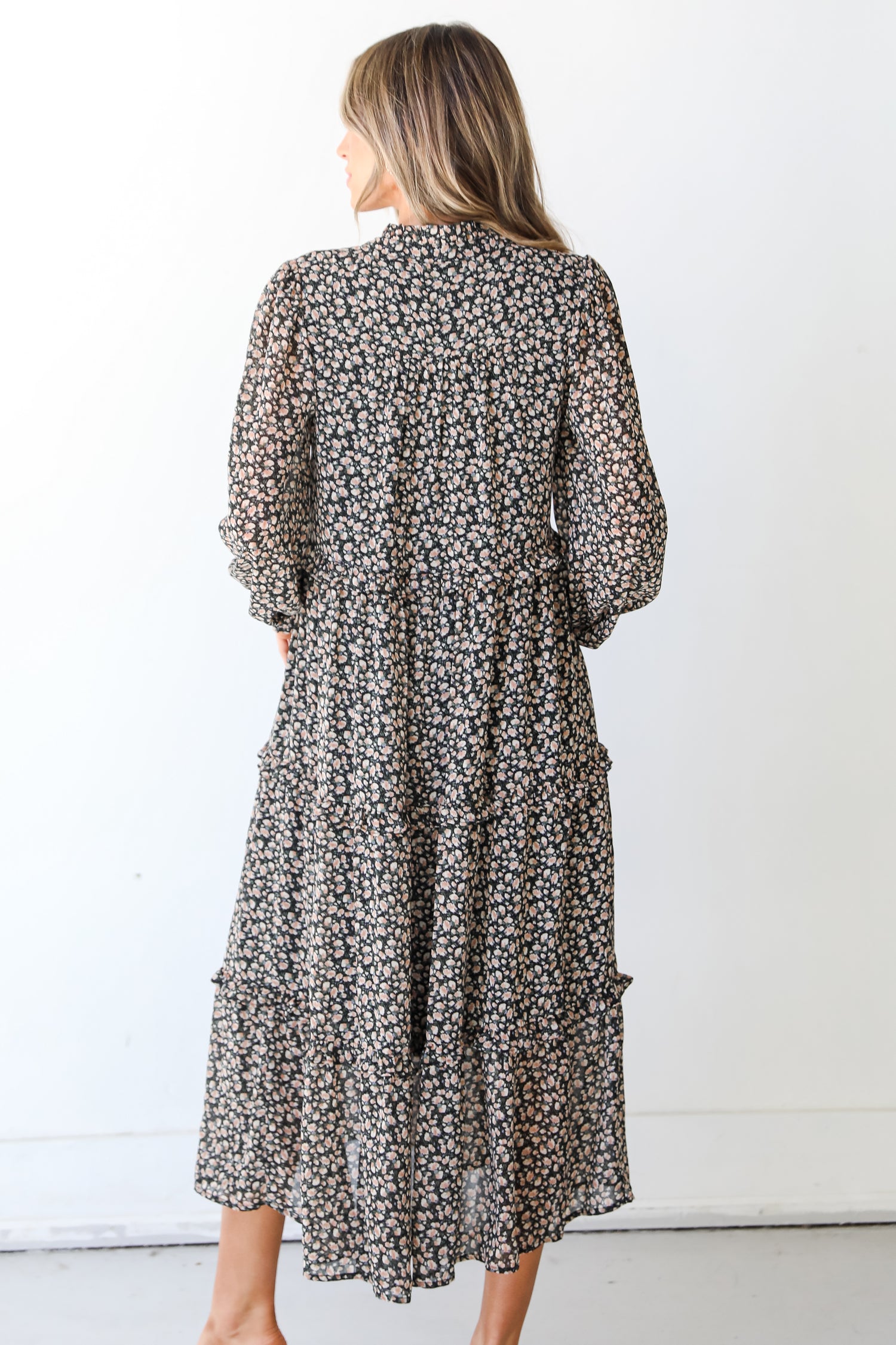 black Floral Midi Dress back view