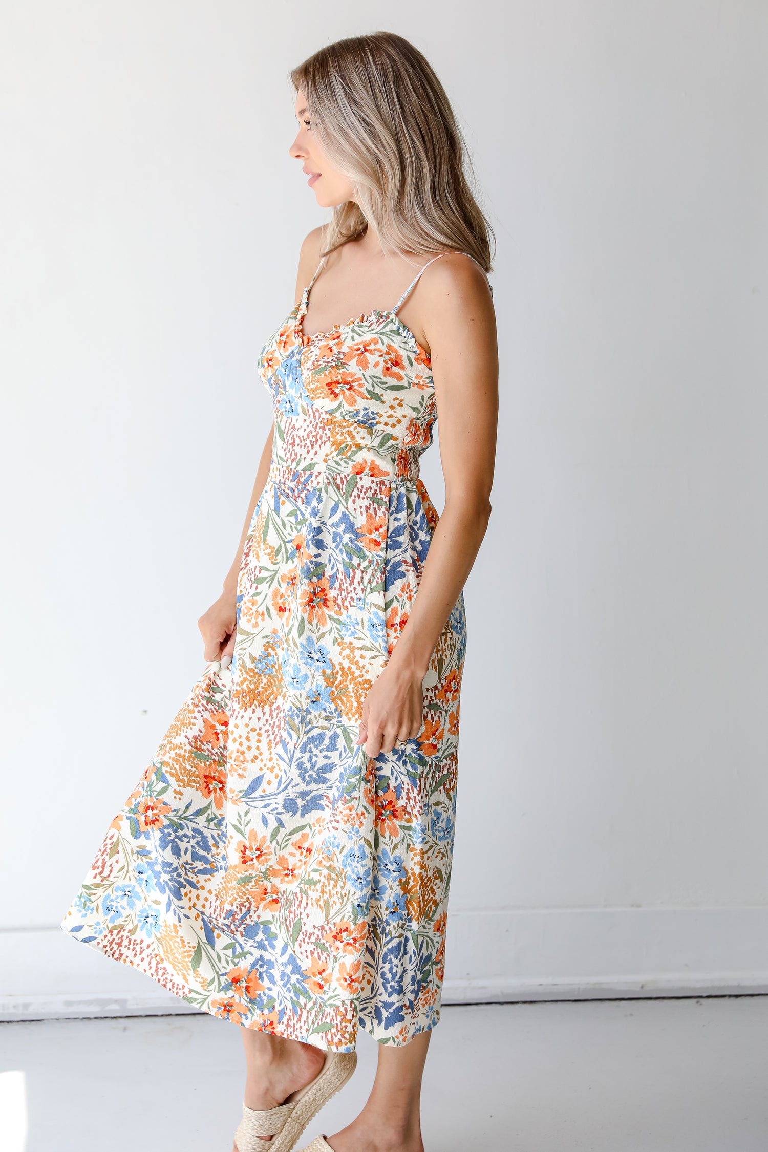 side view of a Floral Midi Dress